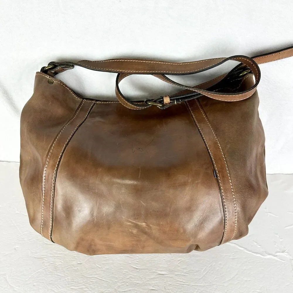 Patricia Nash Leather Hobo Bag Brass Turn Lock Studded Distressed Leather